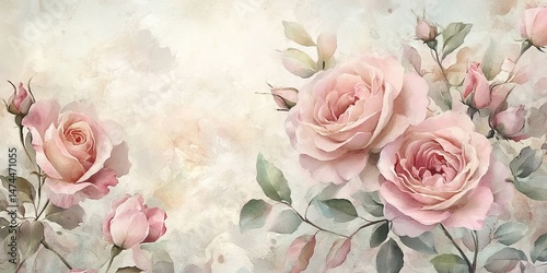A watercolor-style painting with blooming pink roses, unopened buds, green leaves, and soft beige hazy background.