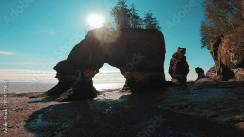Magnificent rock formations at Hopewell Rocks Provincial Park, Bay of Fundy under clear sunny sky