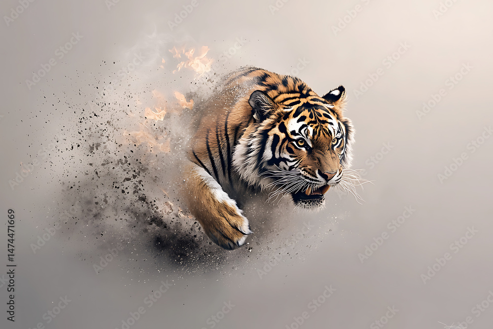 Naklejka premium Tiger Burst with Power, and Wild Animal.