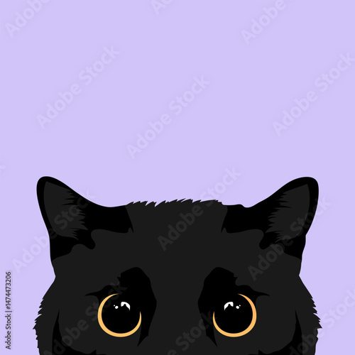 Hiding and peeking black cat with big yellow eyes. Vector illustration