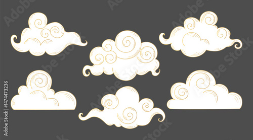 White and golden cartoon swirl clouds. Hand drawn celestial doodle clouds in Asian style. Vector illustration
