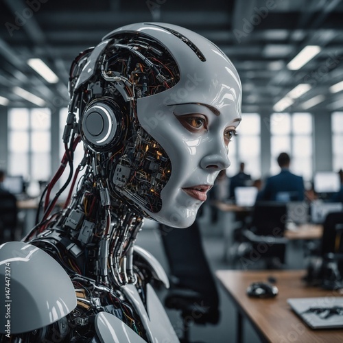 Futuristic cyber woman with a dark metal helmet, showcasing advanced android technology and sci-fi illustration of a motorcycle-riding cyborg