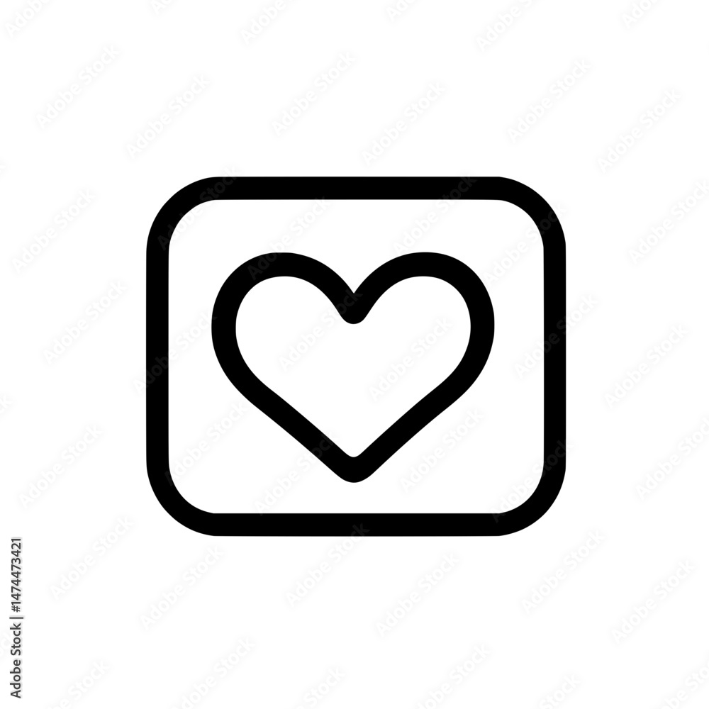 Minimal heart icon inside rectangular rounded frame in black and white representing love, emotion, or social media Minimal heart icon inside rectangular rounded frame in black and white representing love, emotion, or social media