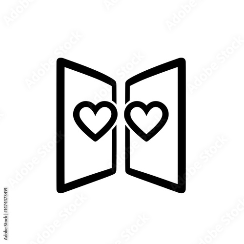 Minimalist greeting card icon with open flaps and heart symbols representing love, celebration, or Valentine's themes