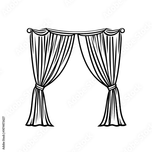 Black and white curtain icon with side tiebacks in elegant theatrical or home decor style
