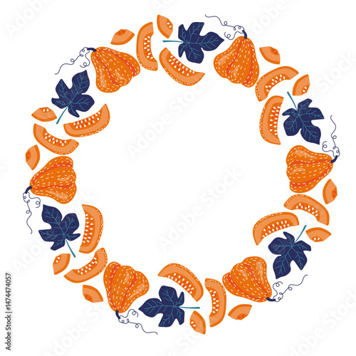 Round Pumpkin frame. Hand drawn food vector illustration. Pumpkin wreath isolated. Juicy mature Whole and chopped vegetables with leaves print with copy space for card, menu, invitation, logo.