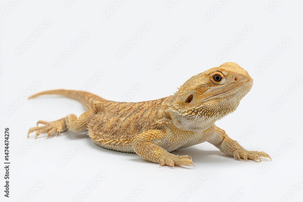Fototapeta premium A young bearded dragon lizard basks in the studio light.