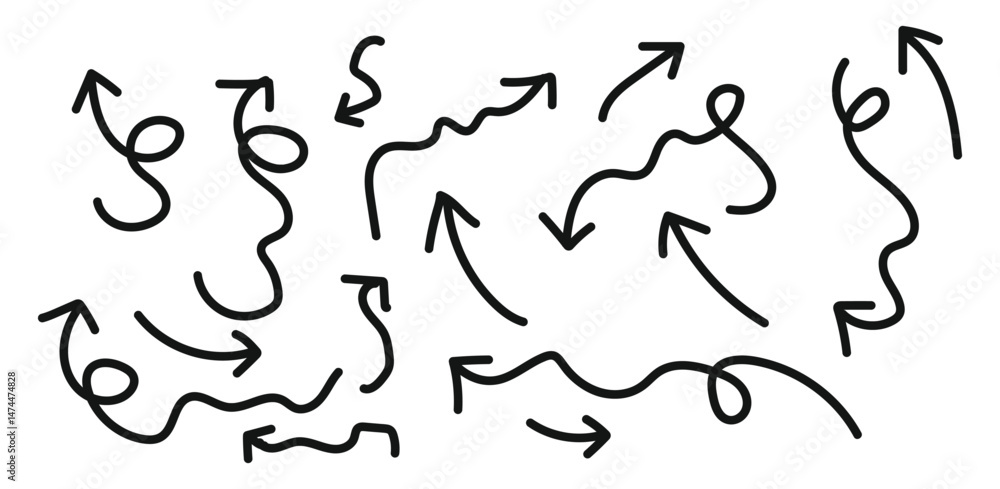 Naklejka premium curved arrows collection, arrow set vector element design, curved line, wavy curved line 