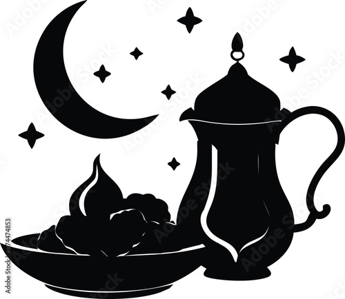 Ramadan Kareem Silhouette Crescent Moon Stars Dates and Pitcher