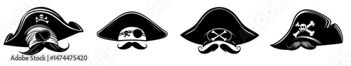 A pirate captain's face is depicted with a photo booth mask, complete with a black tricorn hat, mustache, and eye patch, embodying the modern corsair sailor