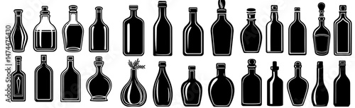 Icons of alcohol drink bottles in silhouette form, symbols for beverages found on a bar menu, including modern representations of isolated vodka, whiskey, wine, cognac, absinthe, tequila, bourbon,