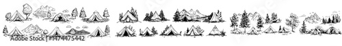 Modern cartoon flat style illustration of a camping set, featuring a tent situated in a forest and near a lake, ideal for an outdoor weekend or expedition trip