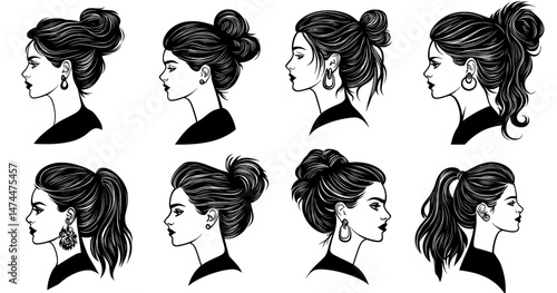 Create illustrations of women's heads featuring trendy hairstyles and earrings, focusing on an evening aesthetic with elegant coiffure and accessories, presented as isolated abstract portraits in a