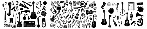 A large assortment of music instruments is depicted in a hand-drawn doodle style illustration and is isolated