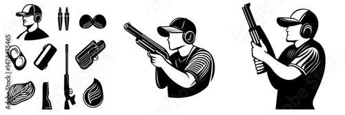 Contemporary designs for a shooting club featuring vintage-style labels, emblems, logos, and badges, including sport shooting labels and emblems with shooting illustrations