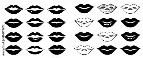 Red lipstick on a woman's lip is the focus of a modern set, which includes illustrations of lip traces, lipstick marks, and sexy glamorous lips with traces of kisses