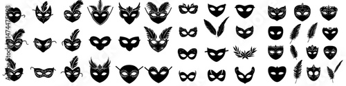 Isolated black carnival party face masks on a modern white set