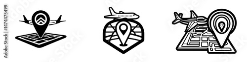 Icons representing modern air travel, including plane maps, pins, and symbols of flight, trips, and tourism, are prominent features