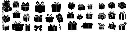 A set of gift box icons featuring ribbon bows, isolated on a white background