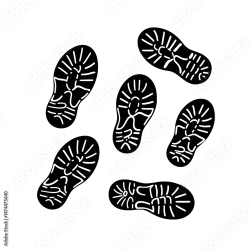 The modern silhouette icon set includes a variety of shoe and footprint designs, such as sole shoe tracks and detailed illustrations of shoe prints and footmarks