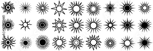 Modern sun icons are depicted in a linear style, showcasing the natural sun and its hot weather, particularly during sunset
