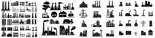 A set of modern icons representing industrial factories and plants has been created