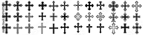 A set of modern icons featuring a Catholic Christian cross with ornaments