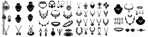 A set of modern jewelry silhouette icons, including earrings with diamonds, wedding rings, and a woman's necklace, are depicted as pictograms isolated on a white background