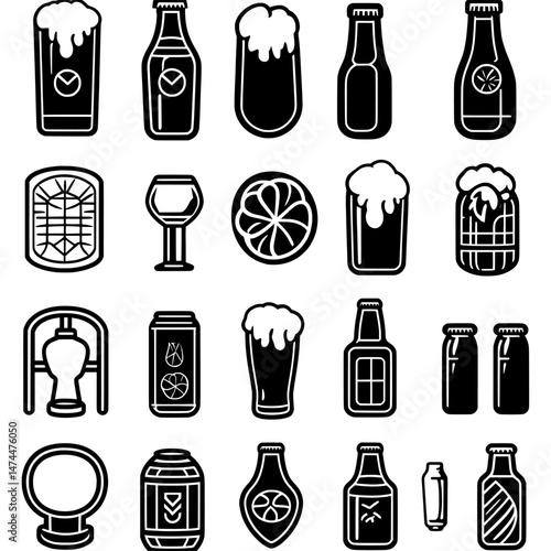 Beer and brewing are represented by modern icons such as brewery symbols, bottles, and glasses