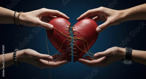Healing concept with hands mending a broken heart in dark background