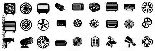 Industrial ventilation systems for heating and cooling, along with aeration and wind symbols, feature hot and cold, dry and moist airflow modern icons