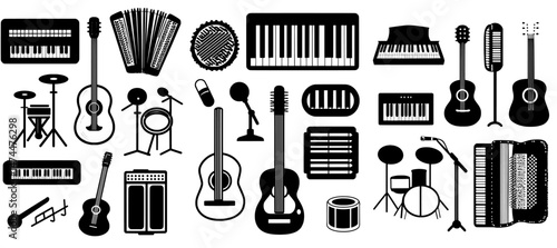 Flat silhouettes of music instruments isolated on a white background