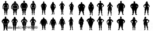 Stick figures of varying body types, including thin, normal, fat, and overweight, represent different proportions of human bodies and are classified as obese in modern icons isolated