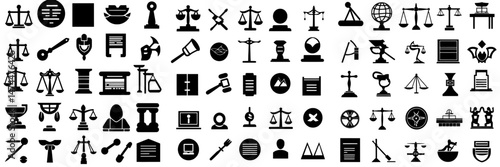 Icons representing law and justice, including legislation, courts, judges, lawyers, and modern criminal police silhouettes as isolated symbols