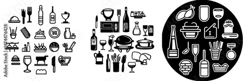 Modern restaurant symbols and kitchen plates and cutlery icons are represented as golden silhouettes isolated