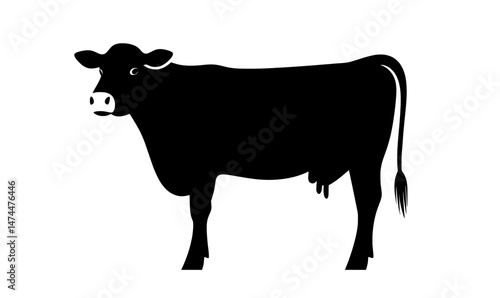 The modern illustration features a cow graphic icon shown as a black silhouette set against a white background