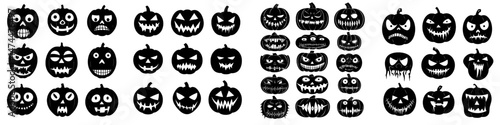 Halloween icons featuring scary monster faces and jack o' lantern silhouettes with ghostly eyes and mouths are depicted in a modern illustration