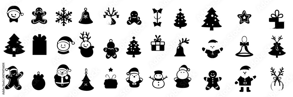 Fototapeta premium A collection of Christmas icons, including festive flats and silhouettes, are set against a white background, featuring symbols like stars, deer, bells, and envelopes in a modern illustration style
