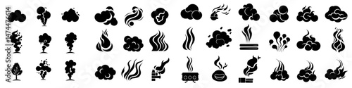 Icons representing steam and vapor are accompanied by symbols of smoke and smell, conveying heat and stench in a modern isolated set