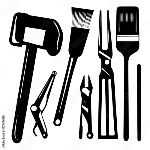 An icon set has been created to represent modern repair and construction tools, including items like hammers, brushes, pliers, and spanners