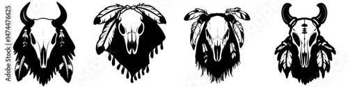 Modern illustration of an isolated buffalo on a white background, paired with a cartoon character wearing a buffalo skull indian poncho