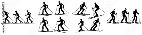 People skiing appear as black silhouettes against a white background, depicting modern ski sports and athletes in action
