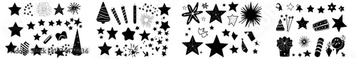 A star sparkles amidst a collection of modern, isolated stars and twinkling black silhouettes, forming an illustration of star and asterisk groups that sparkle and twinkle