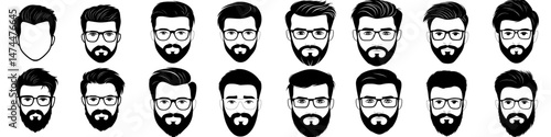 A modern illustration features a bearded hipster man shown in cartoon and silhouette form isolated on a white background