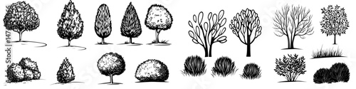 Collection of manually drawn architect bushes, contemporary drawing, architectural artwork