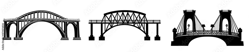 Obraz premium A collection of various bridges, depicted in isolation on a white backdrop, presented in a black and white color scheme, as part of a contemporary illustration