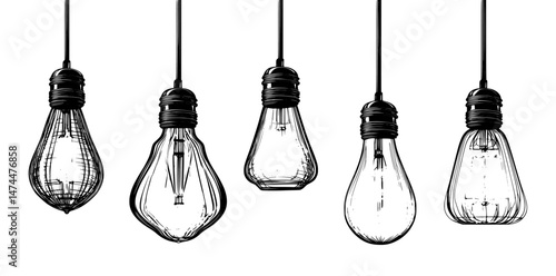 Realistic Edison objects, including electric incandescent lamps, are presented on a transparent background as modern interior decoration elements with hanging glowing light bulbs