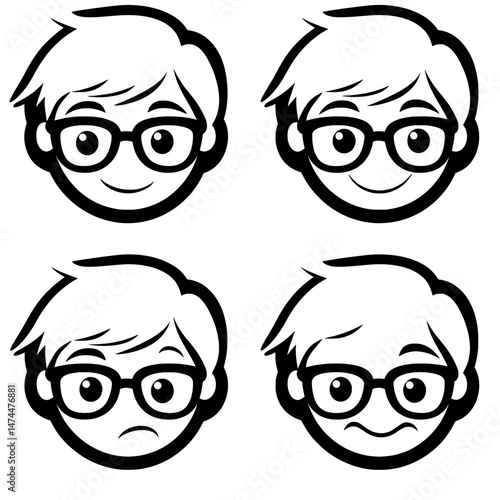 Illustrations of cute geek boys, typically featuring a young guy with glasses and a smile, are now modern icons of a set