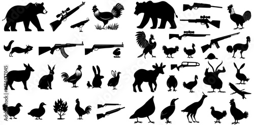 Hunter rifle guns and ammo equipment are depicted in silhouette icons of wild animals and birds, showcasing a modern hunting season with deer, elk, beer, and an African safari featuring lion,