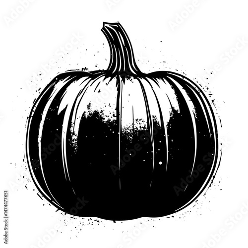 Grunge-style black and white pumpkin icon with dark shading and ink splatter texture representing autumn or Halloween decor
